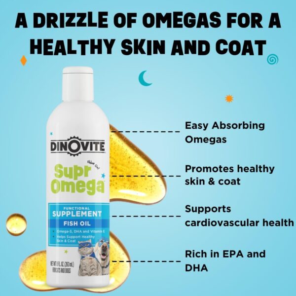 Dinovite SuprOmega Fish Oil for Dogs & Cats - Vitamin E & Omega 3 Meal Topper - Skin & Coat Health for Dogs & Cats - 8 oz - Image 2