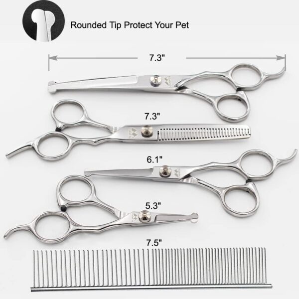 Dog Grooming Scissors Kit with Round Tip, Set of 5 Cat Dog Scissors, Stainless Steel Pet Grooming Shears, Straight, Curved, Thinning Shears, Comb for Full Body, Face, Nose, Ear & Paw - Image 2