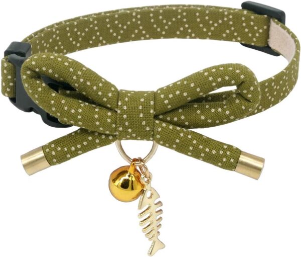 PetSoKoo Cute Bowtie Cat Collar with Bell. Japanese Stylish Bowknot & Fish Charm. Safety Breakaway, Soft, Lightweight, for Girl Boy Male Female Cats Kitten,Green