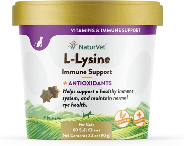 NaturVet L-Lysine Immune Support Plus Antioxidants Cat Supplement – Helps Support Eye Health, Immune System for Cats – Includes Amino Acids – 60 Ct. Soft Chews, 30-Day Supply