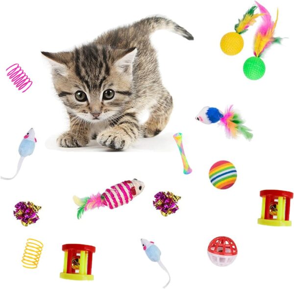 32Pcs Cat Toys Kitten Interactive Pet Toys Assortments, Foldable Rainbow Tunnel, Teaser Wand Fluffy Mouse Crinkle Balls Bell Play for Puppy Kitty (3 way) - Image 4