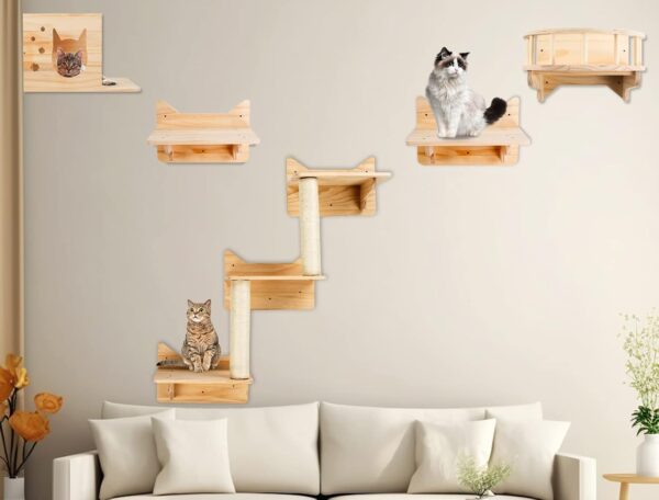 Cat Wall Shelves, Furniture Set, Shelves and Perches for Wall, Climbing Shelf Playground Scratching Post with 3 Steps Indoor Mounted Condos House