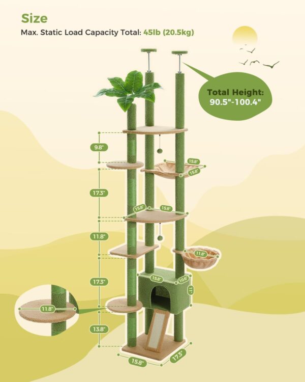 PEQULTI Tall Cat Tree, Floor to Ceiling Cat Tree Tower Adjustable [90.5''~100.4''=230~252CM] with Cat Condo, Cat Hammock and Scratching Post, Cat Climbing Tree for Indoor Large Cats, Green - Image 3