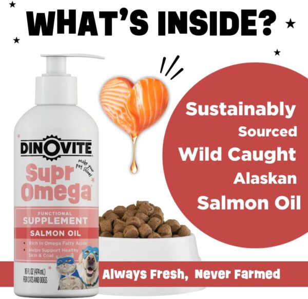 Dinovite SuprOmega Wild Caught Salmon Oil for Dogs & Cats - GMO Free Omega 3 Skin & Coat Supplement - Skin & Coat Meal Topper for Dogs & Cats - 16 oz - Image 2