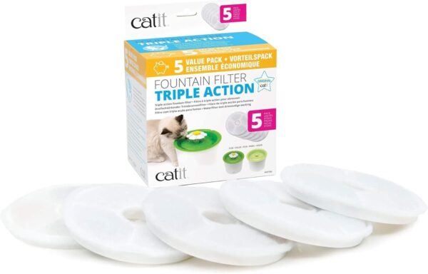 Catit Triple Action Replacement Original Water Fountain Filters, 5 Pack – Official Replacement Filters for Catit Cat Drinking Water Fountains