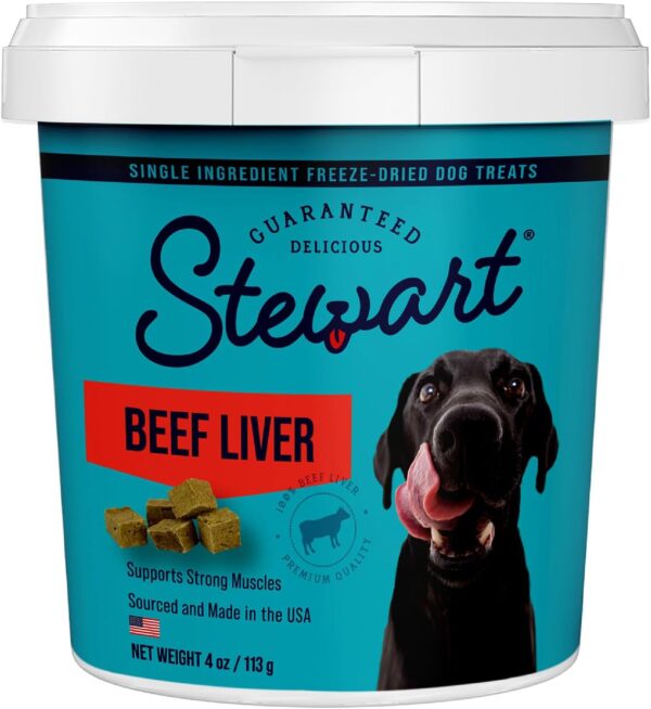 Stewart Freeze Dried Dog Treats, Beef Liver, 4 oz, Grain Free & Gluten Free, Resealable Tub, Single Ingredient, Training Treat in Beef Liver, Salmon, Chicken Liver & Chicken Breast 4, 14, 21 oz