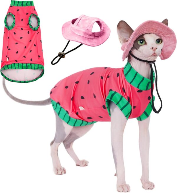 Sphynx Cat Watermelon Shirt &Sun Hat for Summer, Cooling Breathable UPF 50+ Shirt for Cats & Small Dogs Apparel, Shirt and Hat Set for Cats (L (5.5-8lbs))