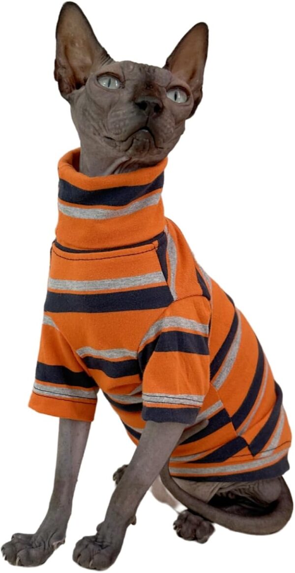 Vintage Stripes Sphynx Hairless Cats Shirt Cotton Cat Turtleneck Pet Clothes Kitten T-Shirts with Sleeves for Sphynx Cats (Orange, X-Large) - Image 4