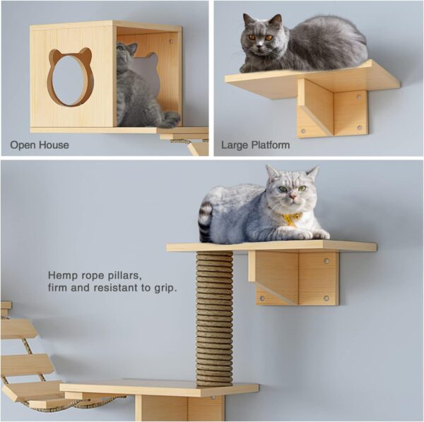 PETKABOO Cat Wall Furniture, Shelves, Floating Wood Climb Wall-Mounted Playing Climber, 2 Houses & 4 Shelves Ladders 1 Scratching Post - Image 2