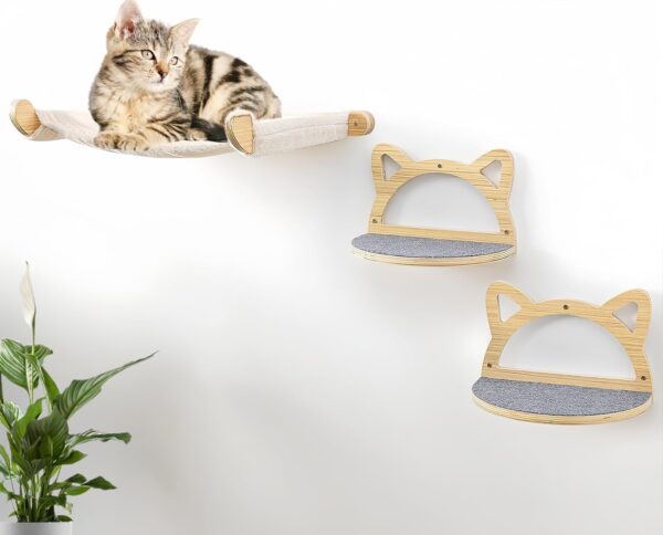 Defined Deco Cat Wall Shelves,Wall Mounted Cat Shelves and Perches,Cat Furniture with XXL Cat Hammock and 2 Cat Climbing Steps,Cat Shelves and Perches for Cats Playing, Sleeping, and Lounging.