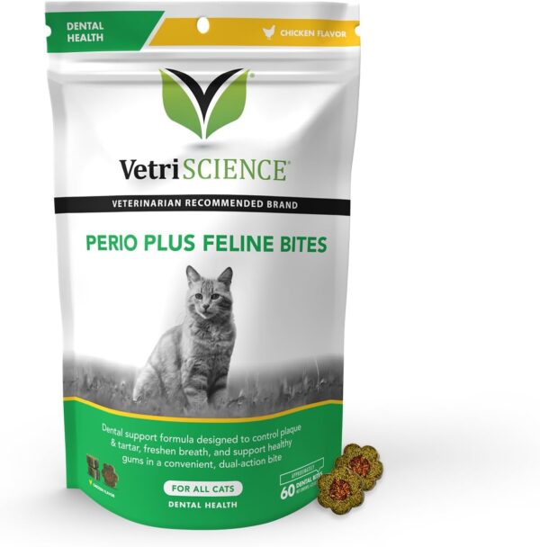 VetriScience Perio Plus Cat Teeth Cleaning Bites - Advanced Cat Breath Freshener - Dual Action Cat Dental Care Formula for Plaque Control & Fresh Breath, 60 Chews, Chicken Flavor​