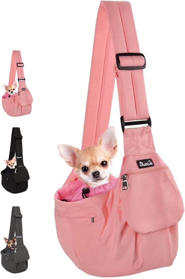 Lukovee Dog Sling Carrier, Hard Bottom Support & Adjustable Soft Padded Shoudler Strap Dog Slings for Small Dogs, Dog Purse with Drawstring Mesh Opening & Zipper Pockets for Puppy Cat Pet (Pink)