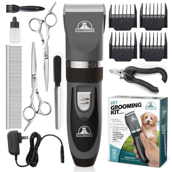 Pet Union Professional Dog Grooming Kit - Rechargeable, Cordless Pet Grooming Clippers & Complete Set of Dog Grooming Tools. Low Noise & Suitable for Dogs, Cats and Other Pets (Gunmetal)