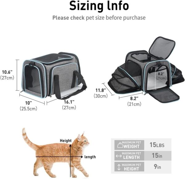 Expandable pet carrier, airline-approved collapsible cat soft-sided carrier with removable plush pad, suitable for cats, small dogs, small dogs (16.2 inches x 10 inches x 10.6 inches) - Image 3