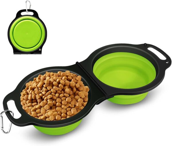 Collapsible Silicone Cat and Dog Travel Bowls,2 in 1 Foldable Pet Feeding and Watering Dish for Walking Camping Hiking with Carabiner (Green)