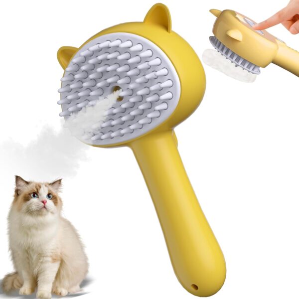 Cat Steam Brush, 4 in 1 Steamy Cat Brush with Handle, Rubber Pet Misting Brush with Release Button, Spary Dog Comb with Cleanser for Indoor Kittens Small Animals(Yellow)