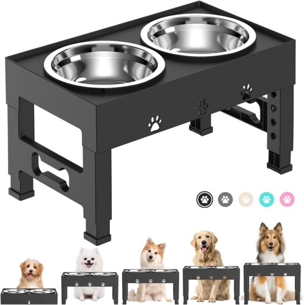 Elevated Dog Bowls 5 Height Adjustable with 2 Stainless Steel Dog Food Bowls Stand Non-Slip No Spill Dog Dish Raised Dog Bowl Adjusts to 3.1”, 9”, 10”, 11”, 12” for Medium Large Dogs