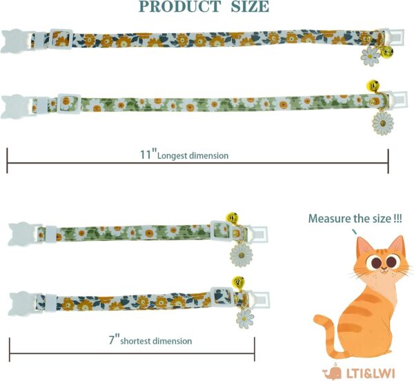 2 Pack Cotton Breakaway Cat Collars with Bell Daisy Pendant Kitty Kitten Collars Green Orange Collar for Female Girl Cats Male Boy Cats - Image 3