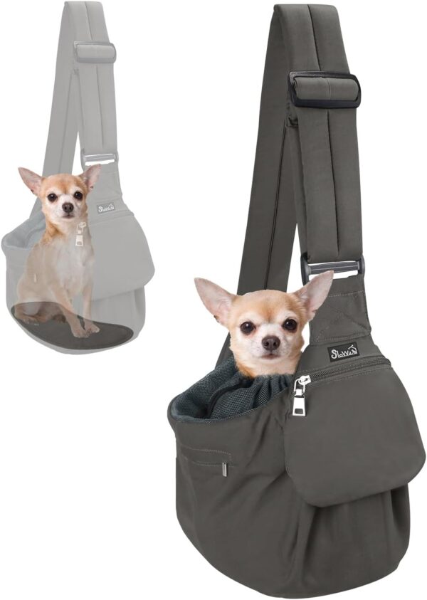 SlowTon Dog Carrier Sling - Hard Bottom Support Dog Carriers for Small Dogs with Adjustable Padded Shoudler Strap, Dog Purse for Puppy Cat Pet with Drawstring Opening Storage Zipper Pockets (Grey)