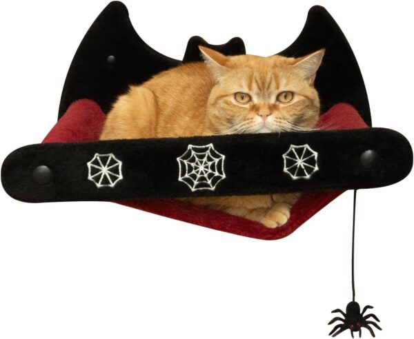 Gothic Cat Wall Hammock with Spider Toy - Hanging Gothic Cat Bed - Comfy Cat Hammock for Wall for Black Cats - Cat Wall Perch for Playing and Sleeping - Goth Furniture in Black and Red