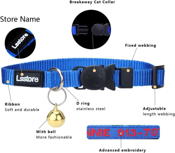 Personalized Nylon Cat Collar Breakaway with Bell - Custom Embroidered Text ID Collars with Pet Name and Phone Number - Image 3