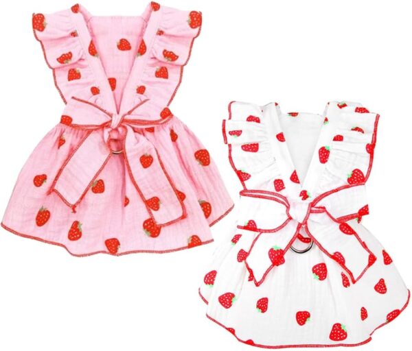 2 Pack Strawberry Dog dresses with D-ring Summer Puppy Clothes for Small Dog Girl Spring Cat Outfit Cotton Sleeveless Pet Dress for Kitten Chihuahua Pomeranian Yorkie (Pink White, Medium)