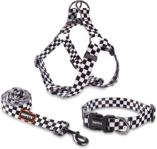 Dog Harness Collar Leash Set - No Pull Pet Adjustable Back Clip Halter Basic Collar Heavy Duty 5FT Anti-Twist Leash for Extra Small Puppy Medium Large Breed Training Easy Walk Running (Checkered, M)