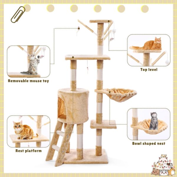 2 Pack 54.3in Cat Tree Cat Tower for Indoor Cats 5 Level Cat Condo with Sisal Scratching Posts Cat Activity Center Cat Furniture with Cozy Plush Perches Hammock and Funny Toy for Play Relaxing - Image 6