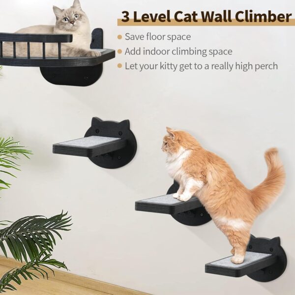 Cat Wall Furniture Wall Mounted, 2PCS Cat Shelves and Cat Perches for Wall with 3 Cat Wall Steps and Scratching Pad, Cat Climbing Condo Fit Cat Up to 15Lbs, Wood Cat Hammock Wall Mount (Black) - Image 6