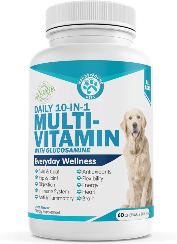 Wanderfound Pets 10-in-1 Dog Multivitamin, Chewable Dog Vitamins with Glucosamine, D3, and MSM, Dog Health Supplies for Immune System and Joint Health, Liver Flavor, 60 Tablets