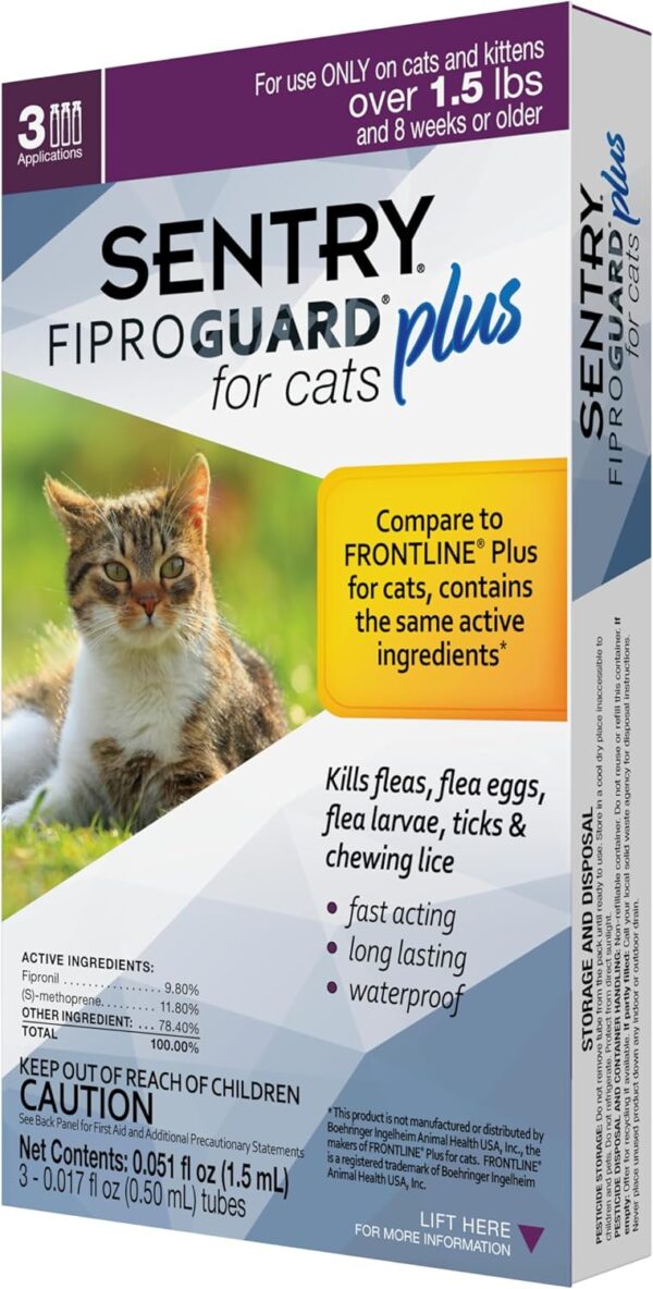 SENTRY Fiproguard Plus for Cats, Flea and Tick Prevention for Cats (1.5 Pounds and Over), Includes 3 Month Supply of Topical Flea Treatments