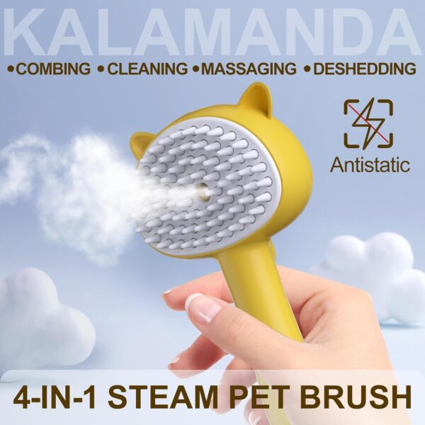 Cat Steam Brush, 4 in 1 Steamy Cat Brush with Handle, Rubber Pet Misting Brush with Release Button, Spary Dog Comb with Cleanser for Indoor Kittens Small Animals(Yellow) - Image 4