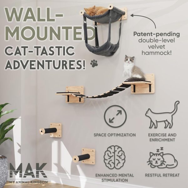 Cat Wall Shelves Set - Cat Wall Furniture with 2 Cat Climbing Shelves, Cat Bridge & Double Cat Hammock Bed - Modern Cat Shelves and Perches for Wall Perfect for Small to Large Kitty - Image 2