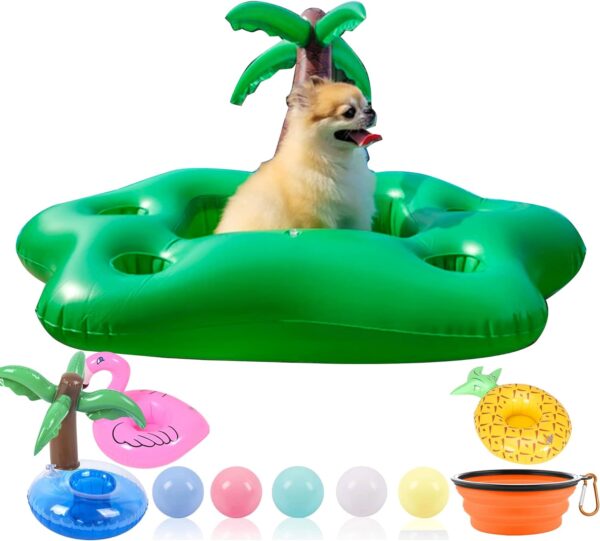 Dog Pool Floats Set, Dog Float Raft with Collapsible Dog Bowl, Non-Toxic Floating Dog Water Toys for Small Dog, Puppy and Doggies, Coconut Tree