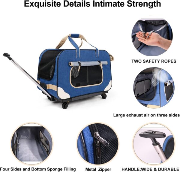 GJEASE Large Pet Rolling Carrier with Wheels for Up to 35 LBS(Upgrade Material-Sponge Filling),with Durable Handle and Flexible Wheels,Breathable and Collapsible Carrier for Small & Medium Pets - Image 4