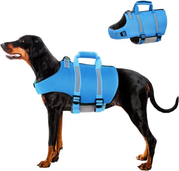 SAWMONG Dog Life Jacket,Dog Swimming Vest with Ripstop and High Flotation for Small Medium Large Dogs,Reflective Lightweight Dog Life Preserver with Rescue Handle for Swimming Boating Blue XL