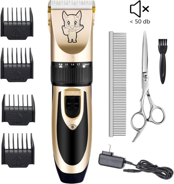 Dog Grooming Kit Clippers, Low Noise, Electric Quiet, Rechargeable, Cordless, Pet Hair Thick Coats Clippers Trimmers Set, Suitable for Dogs, Cats, and Other Pets (Gold) - Image 2