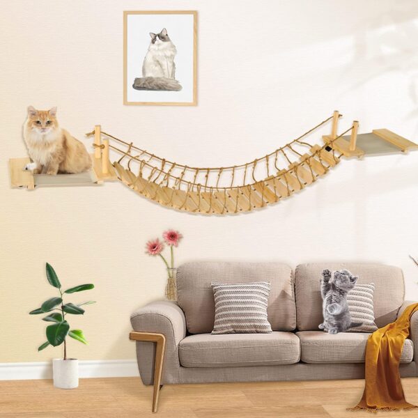 Calmbee Cat Wall Shelves, Cat Wall Furniture 70" Cat Bridge Wall Mount Cat Perch Wooden Hammock Cat Tree Cat Climber Cat Cloud Shelf Board Cats Bed - Image 7