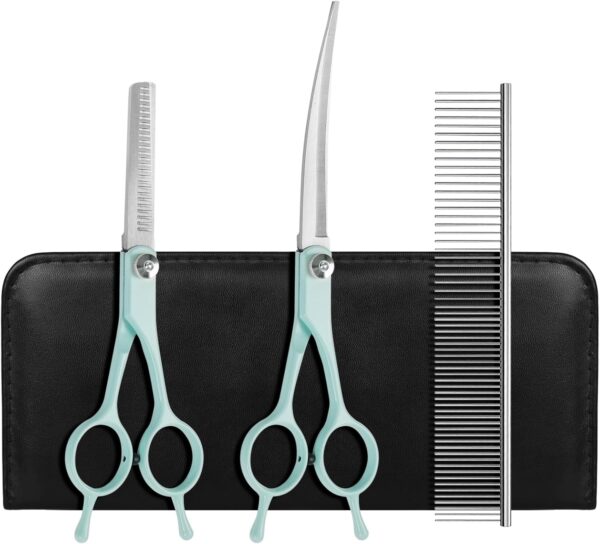 Professional Dog Grooming Scissors Set, 4 in 1 Dog Grooming Scissors Kit, Curved Dog Scissors Pet Thinning Shears, Pet Grooming Supplies, Blue