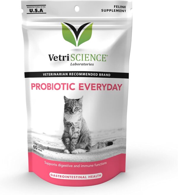 VetriScience Probiotic Everyday for Cats, Digestive Support Supplement, Duck Flavor, 60 Bite Sized Chews - Probiotics and Prebiotics, GI and Immune Support