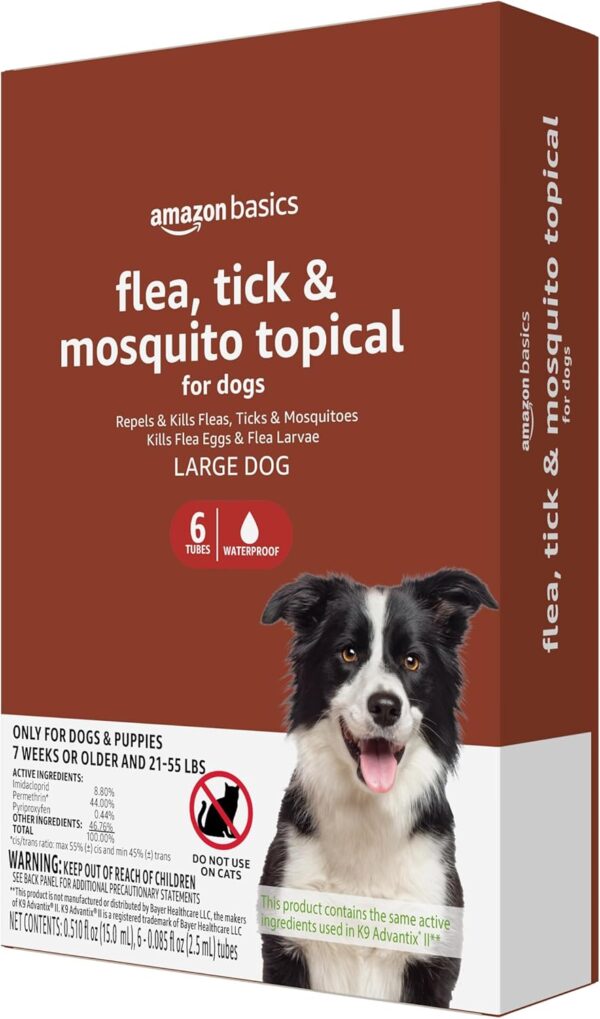 Amazon Basics Flea, Tick & Mosquito Topical Treatment for Large Dogs (21-55 pounds), 6 Count (Previously Solimo)