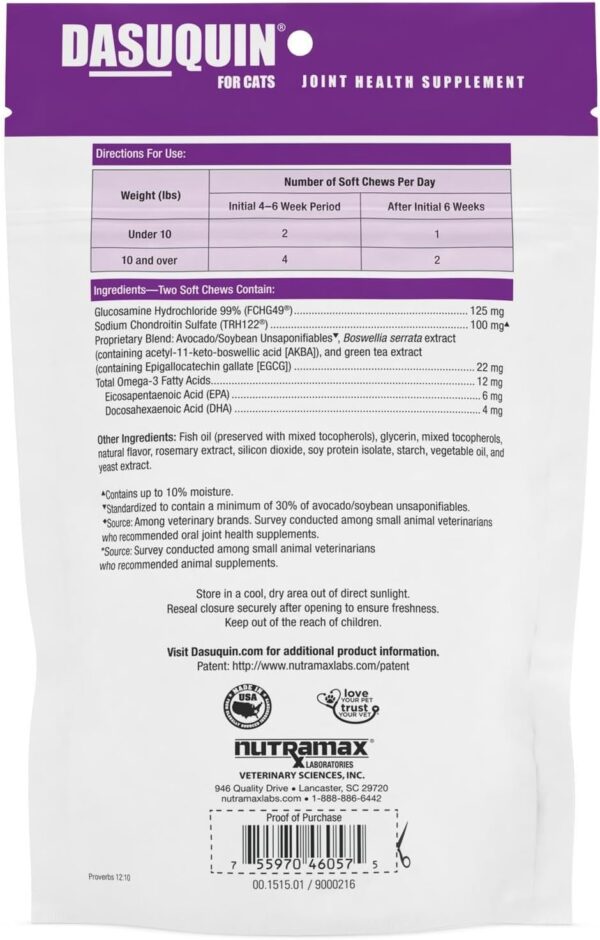 Nutramax Dasuquin Joint Health Supplement for Cats - With Glucosamine, Chondroitin, ASU, Boswellia Serrata Extract, Green Tea Extract, and Omega-3, 84 Soft Chews - Image 2