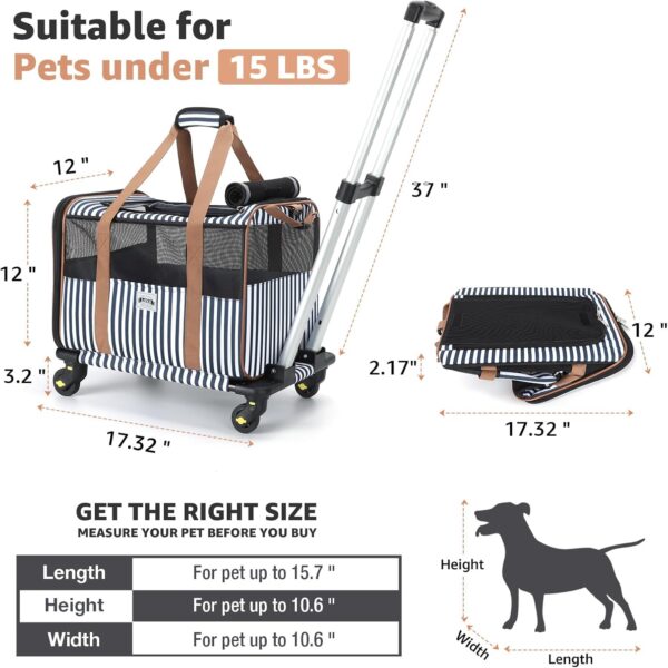 Lekereise Cat Carrier with Wheels for Small Pet, Airline Approved Dog Carrier with Wheels, Rolling Dog Cat Carrier, Stripes - Image 3