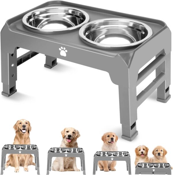 Elevated Dog Bowls Heights Adjustable Raised Dog Bowl Stand with 2 Stainless Steel Dog Food Bowls Non-Slip Foldable Dog Feeder for Medium Large Dogs, Adjust to 12.36", 10.75", 9.2",3.7", Grey