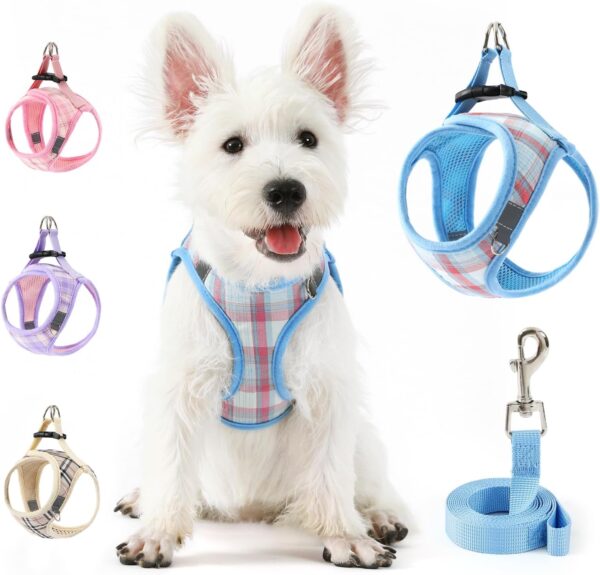 voopet Small Dog Harness and Leash Set Lightweight Cat Comfort Padded Soft Mesh Vest Step in dog harness No Pull No Choke Reflective Small Plaid Girl & Boy Puppy Kitty Harness, Blue XS