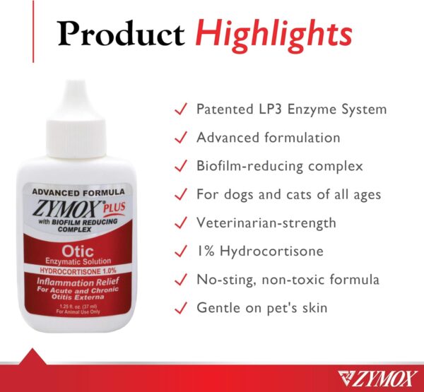 Zymox Advanced Formula Otic Plus Enzymatic Ear Solution for Dogs and Cats with 1% Hydrocortisone, 1.25oz - Image 3