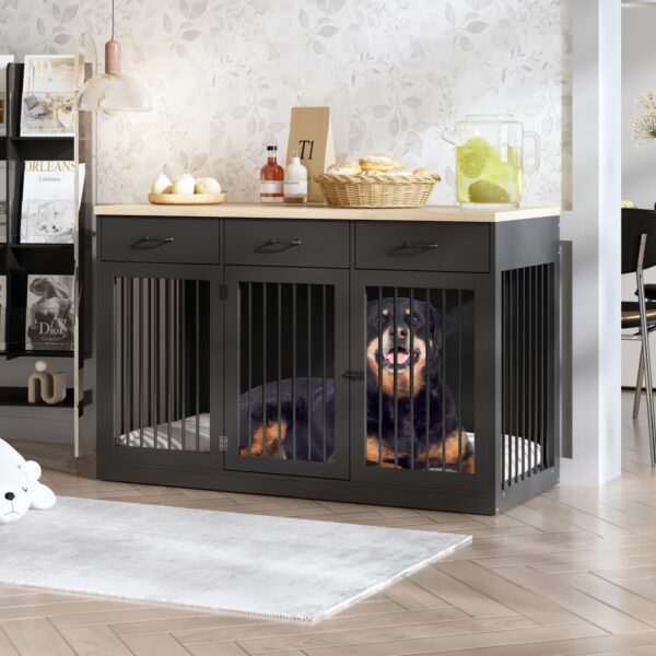 Extra Large Dog Crate Furniture with 3 Drawers, Indoor Heavy Duty Dog Kennel House, 55.3" Furniture Style Dog Crate Side End Table TV Stand for XL Large Medium Breed Dogs, Black