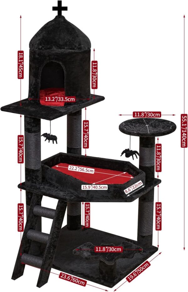 Gothic Cat Tree with Coffin Bed，55" Cat Tower with Spacious Cat Condo，Scratching Posts，Spider Hanging Ball，Multi-Level Cat Activities Furniture for Large Cats, Black Halloween - Image 6