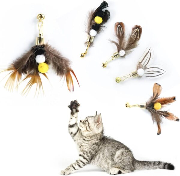 Cat Insect Feather Toys Replacement Cat Toy Wand Refills, 6 Pieces Natural Insect Cat Toy Feathers Refill, Interactive Cat Teaser Wand Attachments, with Bell - Image 5