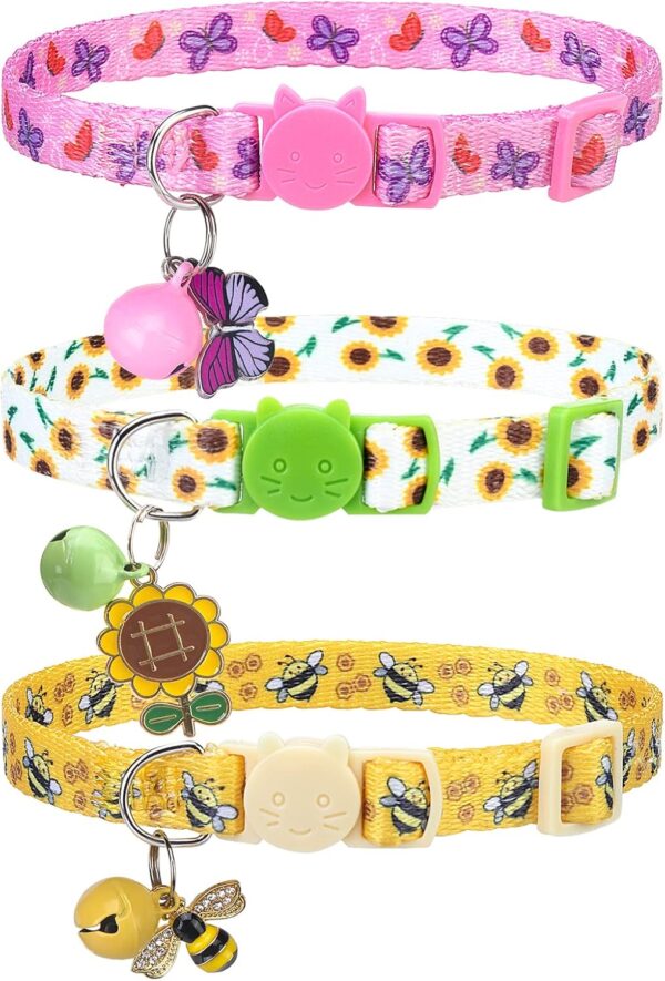 Breakaway Cat Collars with Bell & Cute Pendants - 3 Pack Adjustable Safety Kitten Collars - Summer Decoration for Girl Boy Cats Puppy and Small Pets